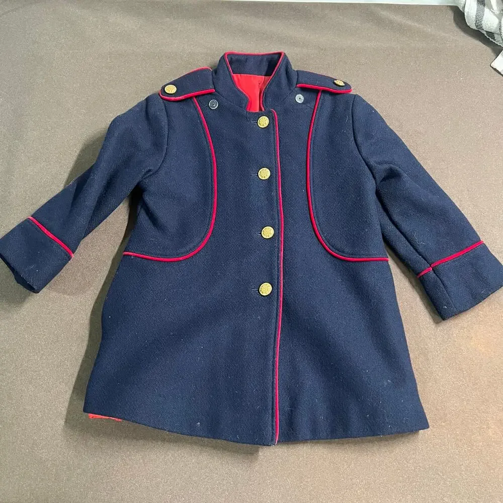 Vintage Barbury NY Wool Blue Small Child Navy Coat Epaulettes Gold Buttons  Sz4